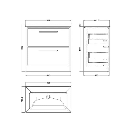 800mm Floor Standing 2-Drawer Unit & Basin 0Tap Hole (Drawer Unit, Basin or Set)