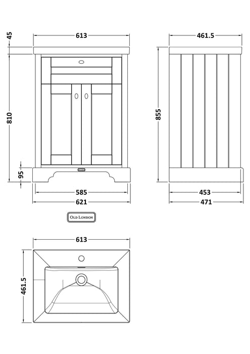 Old London 600mm Storm Grey 2 Door Floor Standing Vanity Unit With 1 Tap Hole Fireclay Basin