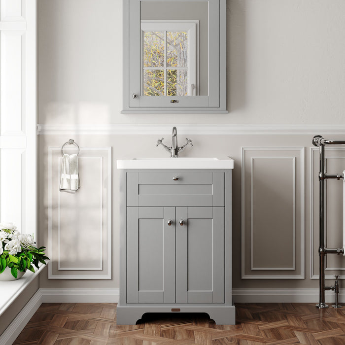 Old London 600mm Storm Grey 2 Door Floor Standing Vanity Unit With 1 Tap Hole Fireclay Basin