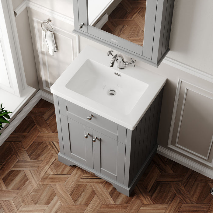 Old London 600mm Storm Grey 2 Door Floor Standing Vanity Unit With 1 Tap Hole Fireclay Basin