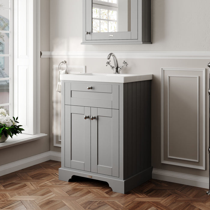Old London 600mm Storm Grey 2 Door Floor Standing Vanity Unit With 1 Tap Hole Fireclay Basin