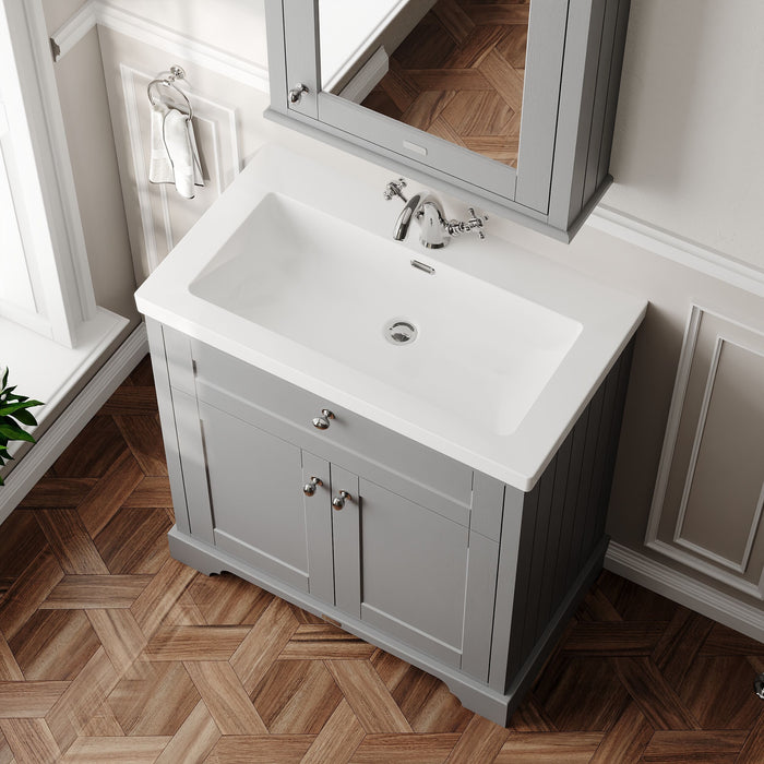 Old London 800mm Storm Grey 2 Door Floor Standing Vanity Unit With 1 Tap Hole Fireclay Basin