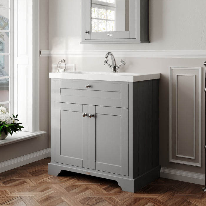 Old London 800mm Storm Grey 2 Door Floor Standing Vanity Unit With 1 Tap Hole Fireclay Basin