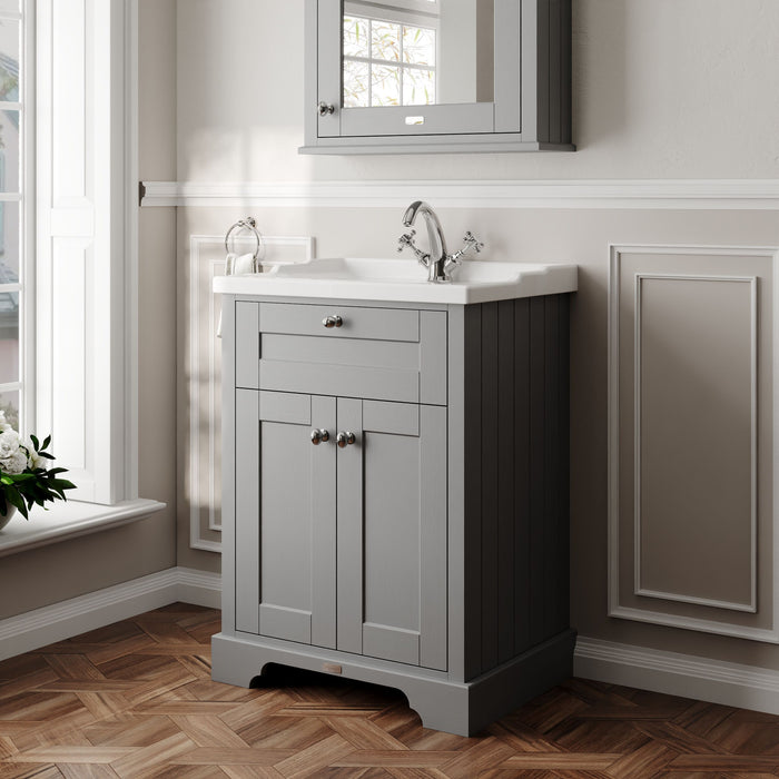 Old London 600mm Storm Grey 2 Door Floor Standing Cabinet With 1 Tap Hole Basin