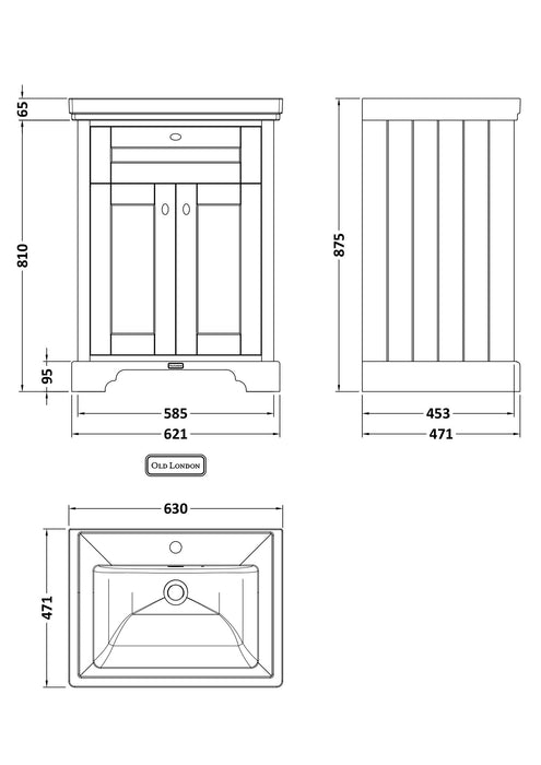 Old London 600mm Storm Grey 2 Door Floor Standing Vanity Unit With 1 Tap Hole Basin