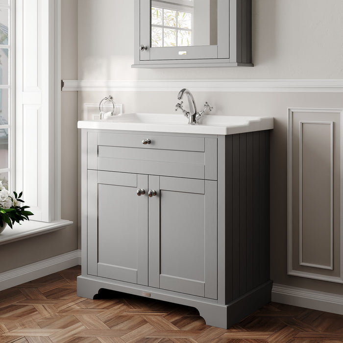 Old London 800mm Storm Grey 2 Door Floor Standing Cabinet With 1 Tap Hole Basin