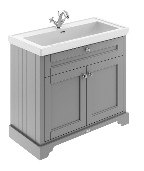 Old London 1000mm Storm Grey 2 Door Floor Standing Vanity Unit With 1 Tap Hole Fireclay Basin