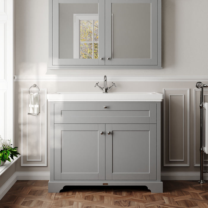 Old London 1000mm Storm Grey 2 Door Floor Standing Vanity Unit With 1 Tap Hole Fireclay Basin