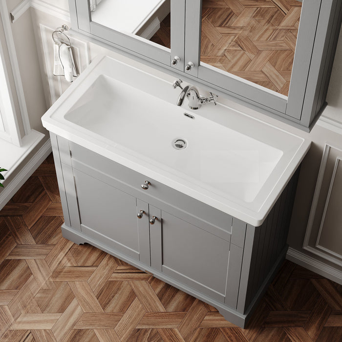 Old London 1000mm Storm Grey 2 Door Floor Standing Vanity Unit With 1 Tap Hole Fireclay Basin