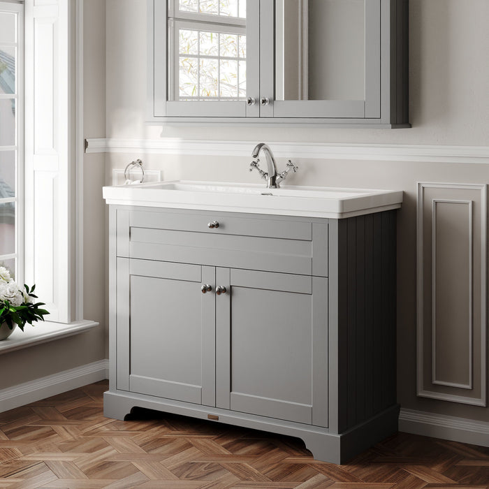 Old London 1000mm Storm Grey 2 Door Floor Standing Vanity Unit With 1 Tap Hole Fireclay Basin