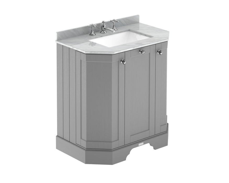Old London 750mm Storm Grey 3 Door Floor Standing Angled Vanity Unit With 3 Tap Holes Marble Basin