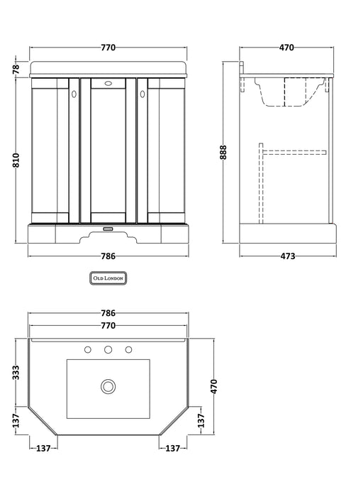 Old London 750mm Storm Grey 3 Door Floor Standing Angled Vanity Unit With 3 Tap Holes Marble Basin