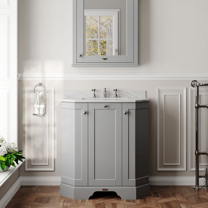 Old London 750mm Storm Grey 3 Door Floor Standing Angled Vanity Unit With 3 Tap Holes Marble Basin