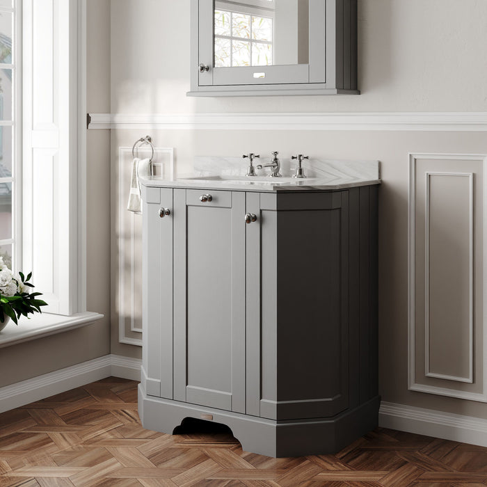 Old London 750mm Storm Grey 3 Door Floor Standing Angled Vanity Unit With 3 Tap Holes Marble Basin