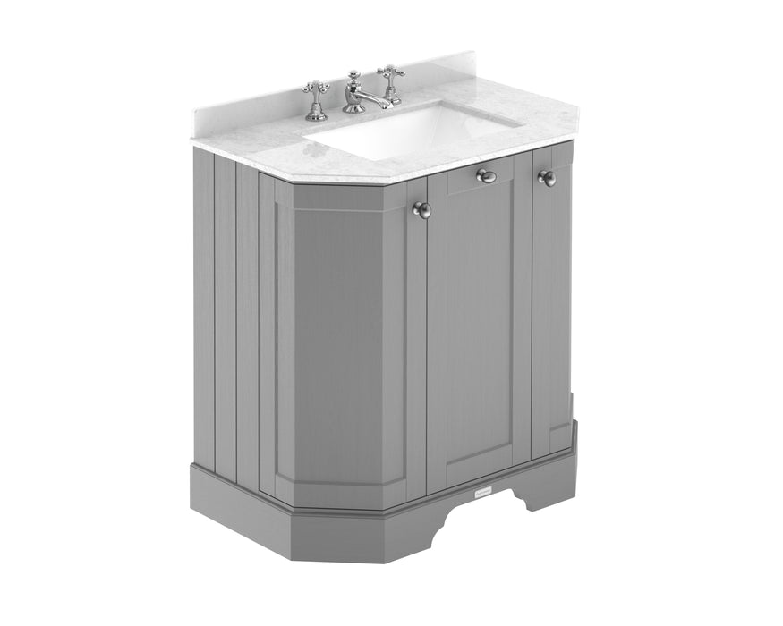Old London 750mm Storm Grey 3 Door Floor Standing Angled Vanity Unit With 3 Tap Holes Marble Basin