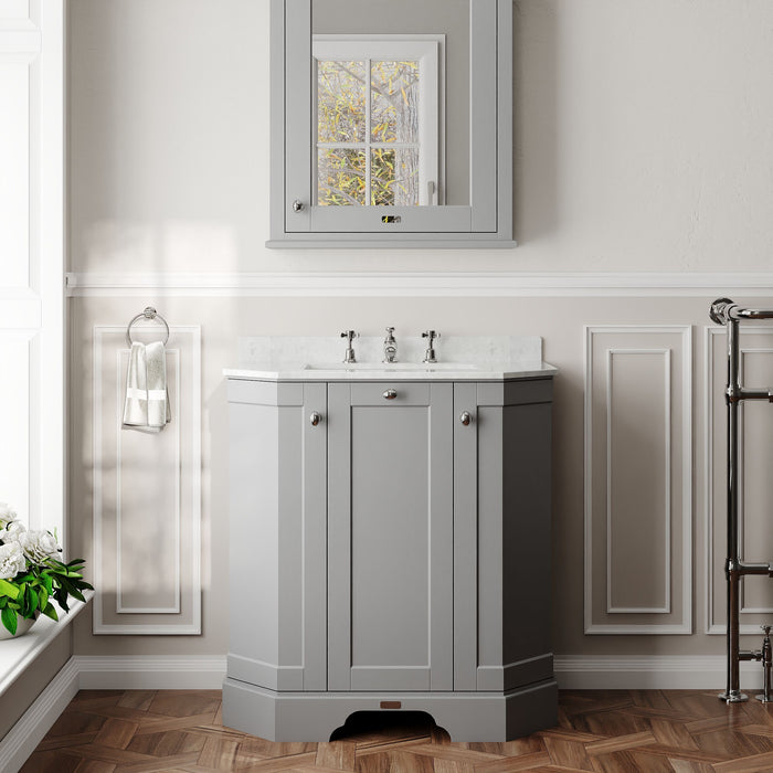 Old London 750mm Storm Grey 3 Door Floor Standing Angled Vanity Unit With 3 Tap Holes Marble Basin