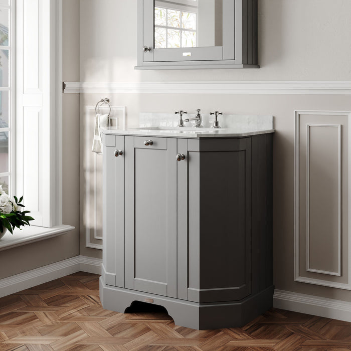 Old London 750mm Storm Grey 3 Door Floor Standing Angled Vanity Unit With 3 Tap Holes Marble Basin