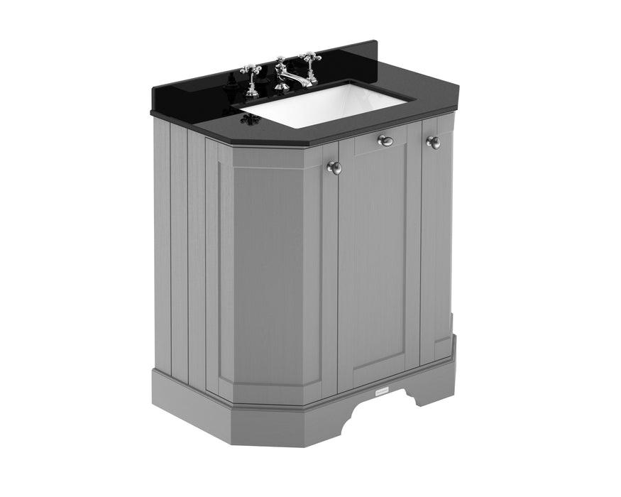 Old London 750mm Storm Grey 3 Door Floor Standing Angled Vanity Unit With 3 Tap Holes Marble Basin
