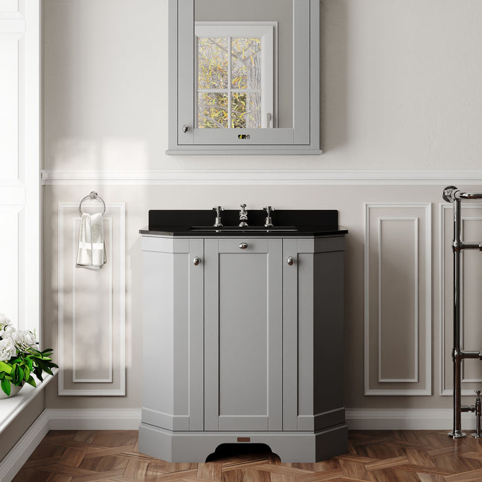 Old London 750mm Storm Grey 3 Door Floor Standing Angled Vanity Unit With 3 Tap Holes Marble Basin
