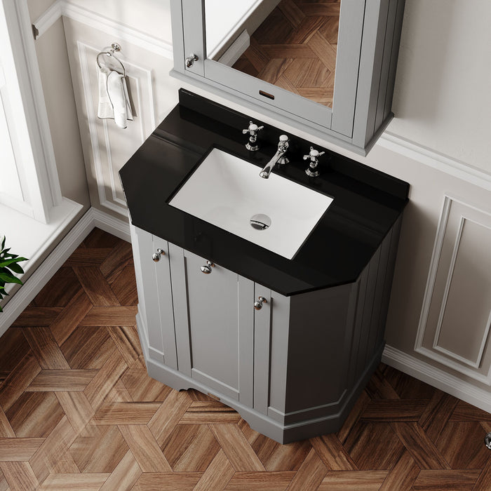 Old London 750mm Storm Grey 3 Door Floor Standing Angled Vanity Unit With 3 Tap Holes Marble Basin