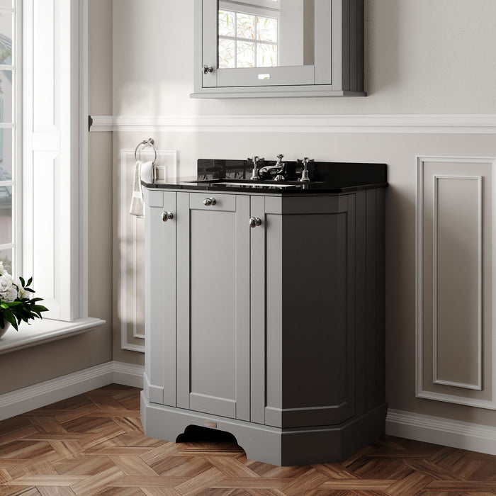 Old London 750mm Storm Grey 3 Door Floor Standing Angled Vanity Unit With 3 Tap Holes Marble Basin
