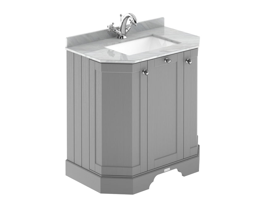 Old London 750mm Storm Grey 3 Door Floor Standing Angled Vanity Unit With 1 Tap Hole Marble Basin