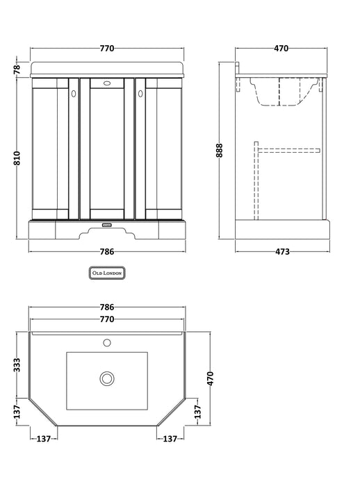 Old London 750mm Storm Grey 3 Door Floor Standing Angled Vanity Unit With 1 Tap Hole Marble Basin