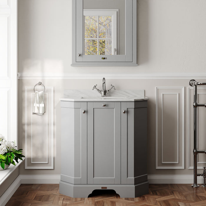 Old London 750mm Storm Grey 3 Door Floor Standing Angled Vanity Unit With 1 Tap Hole Marble Basin