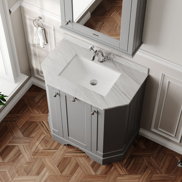 Old London 750mm Storm Grey 3 Door Floor Standing Angled Vanity Unit With 1 Tap Hole Marble Basin