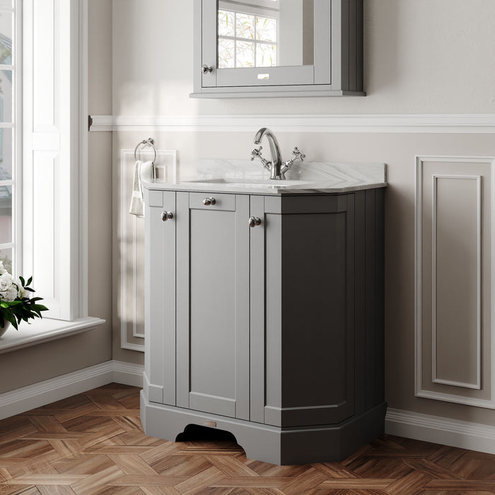 Old London 750mm Storm Grey 3 Door Floor Standing Angled Vanity Unit With 1 Tap Hole Marble Basin