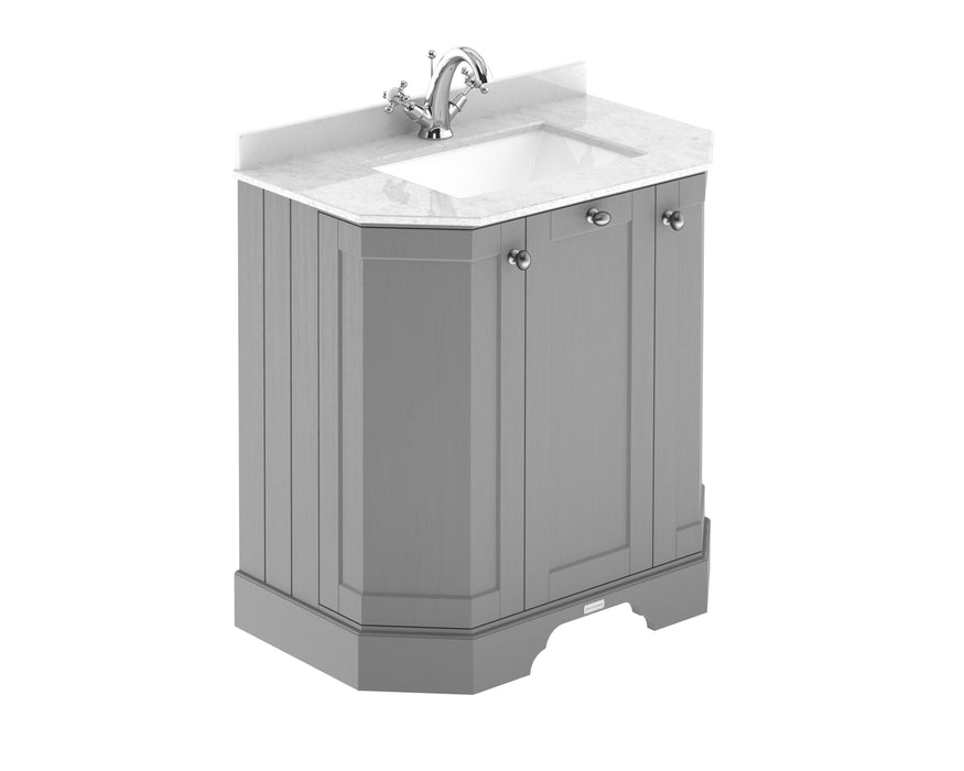 Old London 750mm Storm Grey 3 Door Floor Standing Angled Vanity Unit With 1 Tap Hole Marble Basin