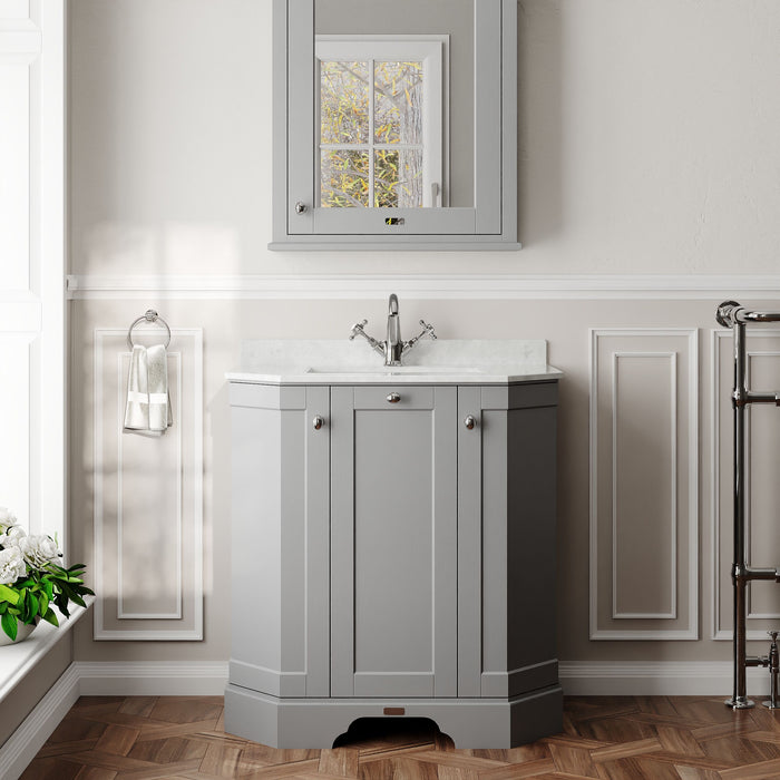 Old London 750mm Storm Grey 3 Door Floor Standing Angled Vanity Unit With 1 Tap Hole Marble Basin