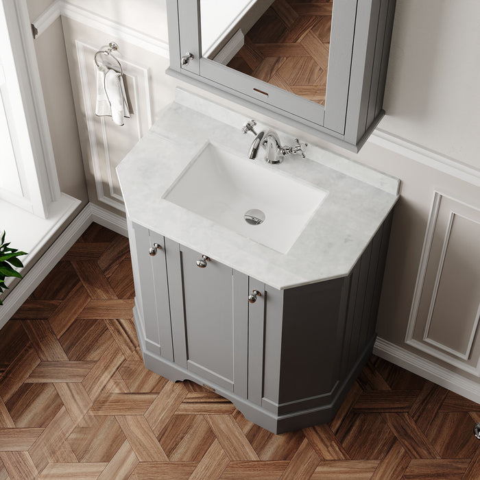 Old London 750mm Storm Grey 3 Door Floor Standing Angled Vanity Unit With 1 Tap Hole Marble Basin