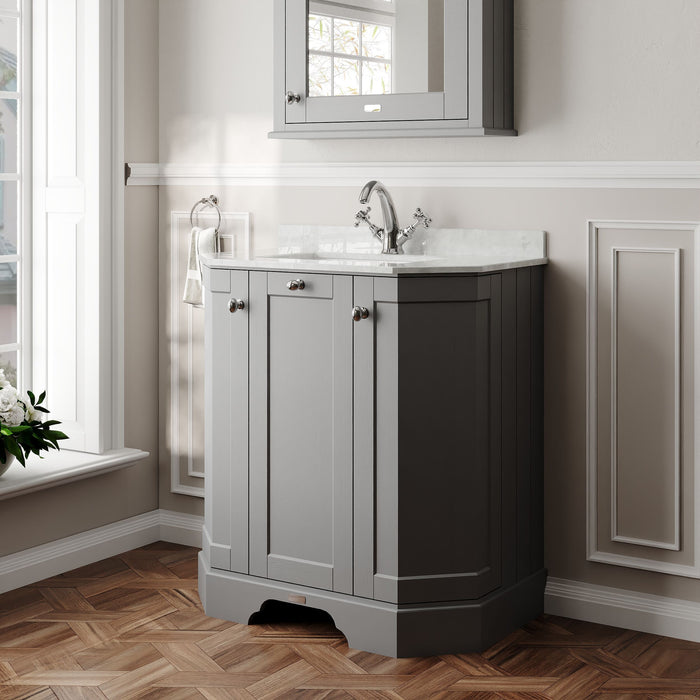 Old London 750mm Storm Grey 3 Door Floor Standing Angled Vanity Unit With 1 Tap Hole Marble Basin