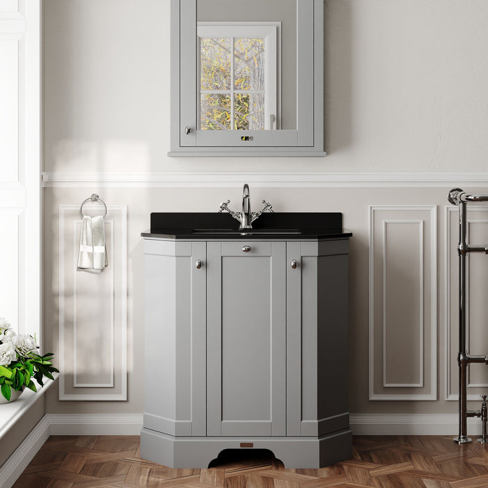 Old London 750mm Storm Grey 3 Door Floor Standing Angled Vanity Unit With 1 Tap Hole Marble Basin