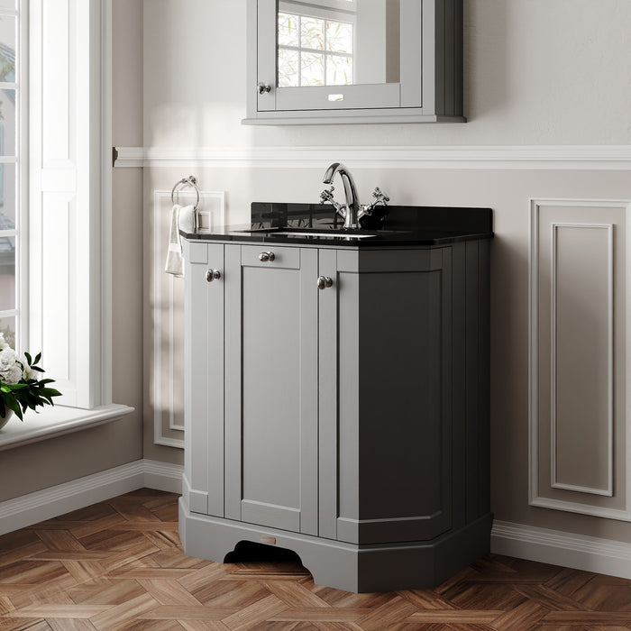 Old London 750mm Storm Grey 3 Door Floor Standing Angled Vanity Unit With 1 Tap Hole Marble Basin
