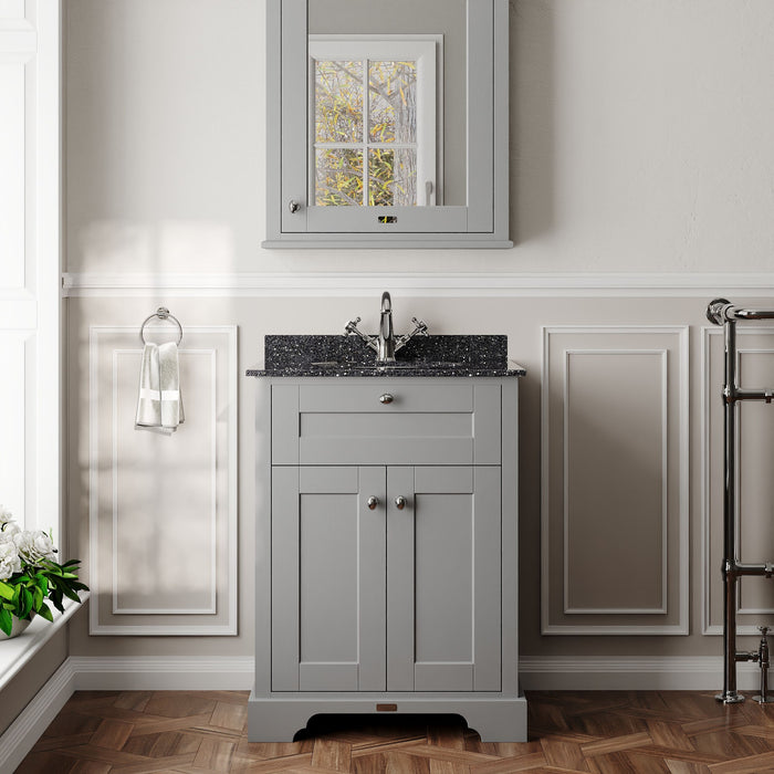 Old London 600mm Storm Grey 2 Door Floor Standing Cabinet With 1 Tap Hole Marble Basin
