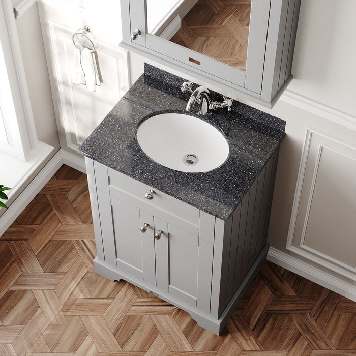 Old London 600mm Storm Grey 2 Door Floor Standing Cabinet With 1 Tap Hole Marble Basin