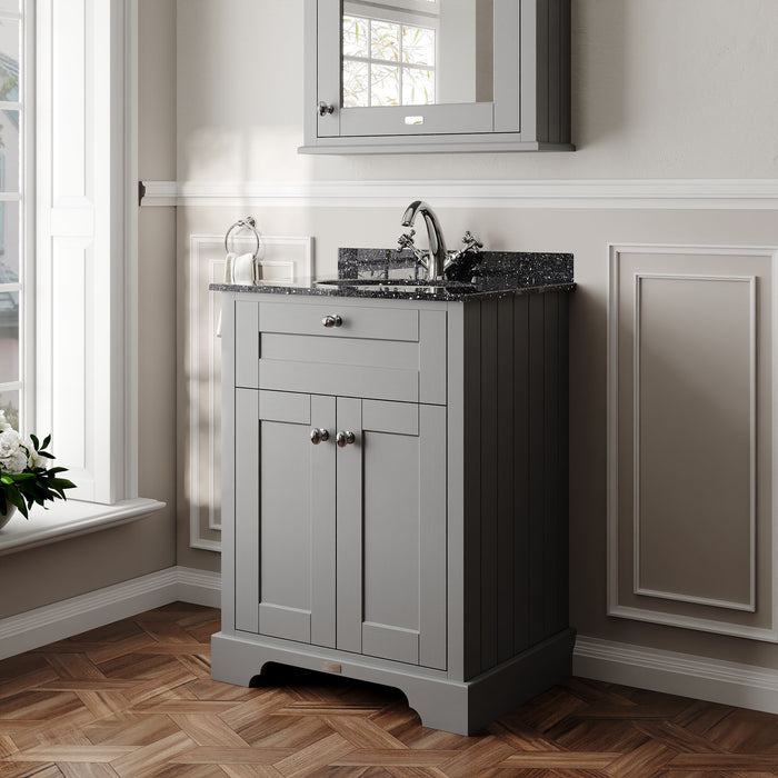 Old London 600mm Storm Grey 2 Door Floor Standing Cabinet With 1 Tap Hole Marble Basin