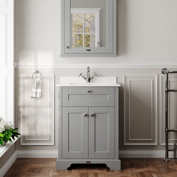 Old London 600mm Storm Grey 2 Door Floor Standing Cabinet With 1 Tap Hole Marble Basin