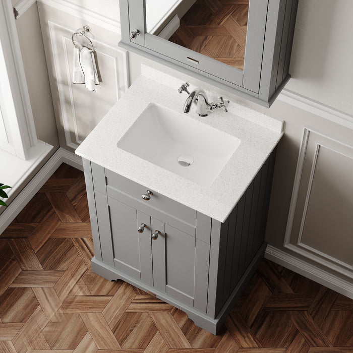Old London 600mm Storm Grey 2 Door Floor Standing Cabinet With 1 Tap Hole Marble Basin