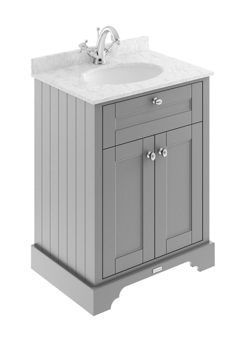 Old London 600mm Storm Grey 2 Door Floor Standing Cabinet With 1 Tap Hole Marble Basin