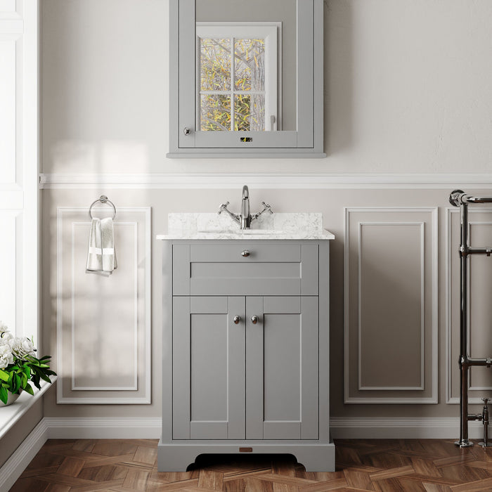 Old London 600mm Storm Grey 2 Door Floor Standing Cabinet With 1 Tap Hole Marble Basin
