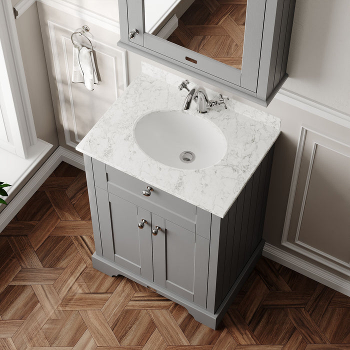 Old London 600mm Storm Grey 2 Door Floor Standing Cabinet With 1 Tap Hole Marble Basin