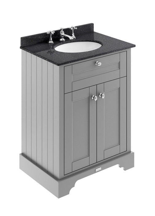 Old London 600mm Storm Grey 2 Door Floor Standing Cabinet With 3 Tap Holes Marble Basin