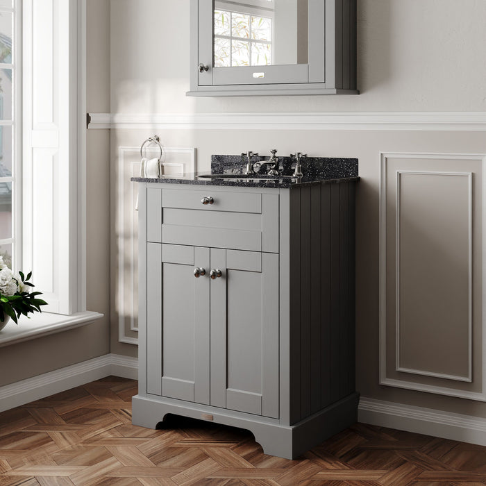 Old London 600mm Storm Grey 2 Door Floor Standing Cabinet With 3 Tap Holes Marble Basin
