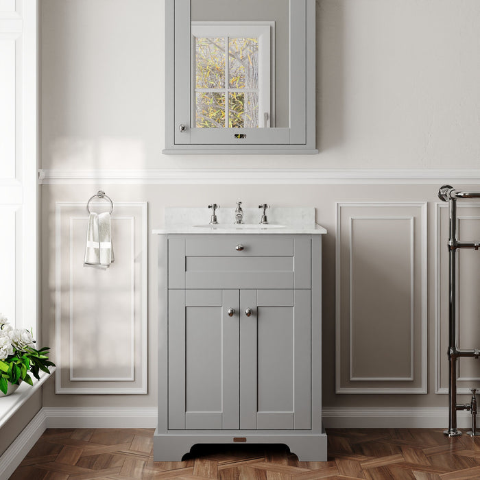 Old London 600mm Storm Grey 2 Door Floor Standing Cabinet With 3 Tap Holes Marble Basin