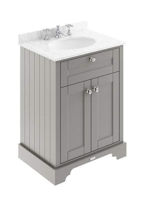 Old London 600mm Storm Grey 2 Door Floor Standing Cabinet With 3 Tap Holes Marble Basin