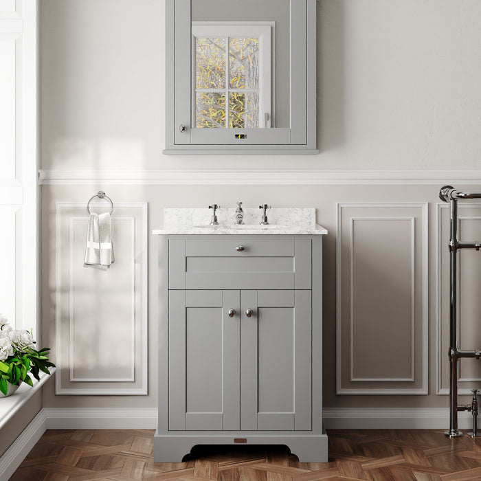 Old London 600mm Storm Grey 2 Door Floor Standing Cabinet With 3 Tap Holes Marble Basin