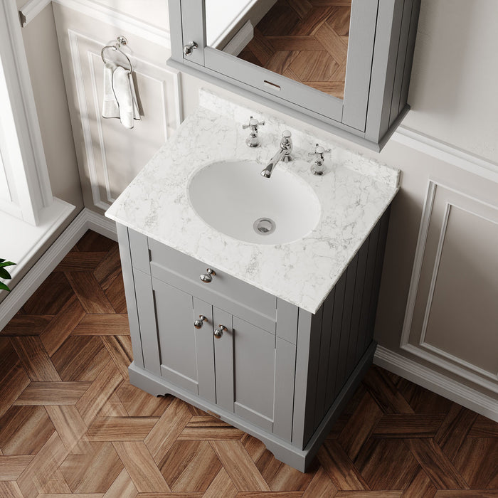 Old London 600mm Storm Grey 2 Door Floor Standing Cabinet With 3 Tap Holes Marble Basin